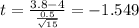 t=\frac{3.8-4}{\frac{0.5}{\sqrt{15}}}=-1.549