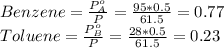 Benzene=\frac{P_{A}^{o}  }{P} =\frac{95*0.5}{61.5} =0.77\\Toluene=\frac{P_{B}^{o}  }{P} =\frac{28*0.5}{61.5} =0.23