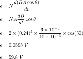 \epsilon=N\dfrac{d(BA\cos \theta)}{dt}\\\\\epsilon=NA\dfrac{dB}{dt}\cos \theta\\\\\epsilon=2\times (0.24)^2\times \dfrac{6\times 10^{-3}}{10\times 10^{-3}}\times \cos (30)\\\\\epsilon=0.0598\ V\\\\\epsilon=59.8\ V