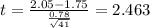 t=\frac{2.05-1.75}{\frac{0.78}{\sqrt{41}}}=2.463
