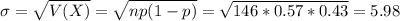 \sigma = \sqrt{V(X)} = \sqrt{np(1-p)} = \sqrt{146*0.57*0.43} = 5.98