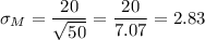 \sigma_M=\dfrac{20}{\sqrt{50}}=\dfrac{20}{7.07}=2.83