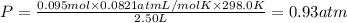 P=\frac{0.095 mol\times 0.0821 atm L/mol K\times 298.0 K}{2.50 L}=0.93 atm