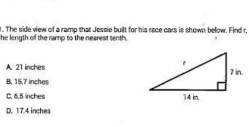 The side view of a ramp that Jessie built for his race cars is shown below. Find r,the length of the