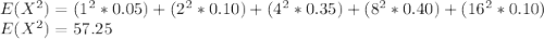 E(X^{2} ) = (1^{2} *0.05) + (2^{2} *0.10) + (4^{2} *0.35) + (8^{2} *0.40) + (16^{2} *0.10)\\  E(X^{2} )= 57.25