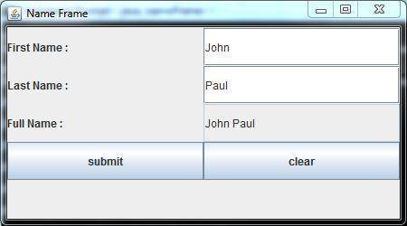 Please design a Java GUI application with two JTextField for user to enter the first name and last n