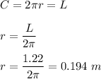 C=2\pi r=L\\\\r=\dfrac{L}{2\pi}\\\\r=\dfrac{1.22}{2\pi}=0.194\ m