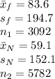 \bar{x}_f=83.6 \\s_f=194.7\\ n_1=3092 \\\bar{x}_N=59.1\\ s_N=152.1 \\  n_2= 5782