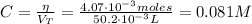 C = \frac{\eta}{V_{T}} = \frac{4.07 \cdot 10^{-3} moles}{50.2 \cdot 10^{-3} L} = 0.081 M