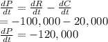 \frac{dP}{dt} =\frac{dR}{dt}-\frac{dC}{dt}\\=-100,000-20,000\\\frac{dP}{dt}=-120,000