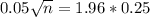 0.05\sqrt{n} = 1.96*0.25