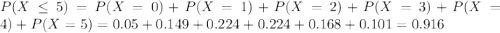 P(X \leq 5) = P(X = 0) + P(X = 1) + P(X = 2) + P(X = 3) + P(X = 4) + P(X = 5) = 0.05 + 0.149 + 0.224 + 0.224 + 0.168 + 0.101 = 0.916