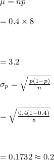 \mu=np\\\\=0.4\times 8\\\\\\\\=3.2\\\\\sigma_p=\sqrt{\frac{p(1-p)}{n}}\\\\\\=\sqrt{\frac{0.4(1-0.4)}{8}}\\\\\\\\=0.1732\approx0.2