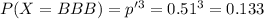 P(X=BBB)=p'^3=0.51^3=0.133