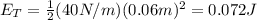 E_T=\frac{1}{2}(40N/m)(0.06m)^2=0.072J