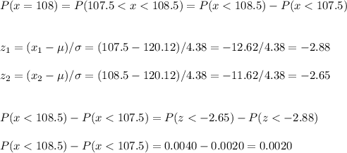 P(x=108)=P(107.5