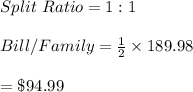 Split \ Ratio=1:1\\\\Bill/Family=\frac{1}{2}\times 189.98\\\\=\$94.99