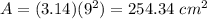 A=(3.14)(9^2)=254.34\ cm^2