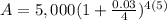 A=5,000(1+\frac{0.03}{4})^{4(5)}