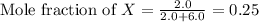 \text{Mole fraction of }X=\frac{2.0}{2.0+6.0}=0.25