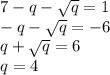 7 - q -  \sqrt{q}  = 1 \\  - q -  \sqrt{q }  =  - 6 \\ q +  \sqrt{q }  = 6 \\ q = 4