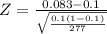 Z=\frac{0.083-0.1}{\sqrt{\frac{0.1(1-0.1)}{277} } }