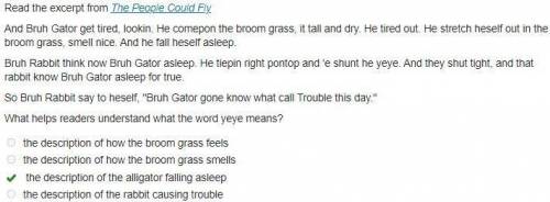 Read the excerpt from The People Could Fly And Bruh Gator get tired, lookin. He comepon the broom gr