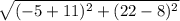 \sqrt{(-5+11)^{2} + (22-8)^{2} }