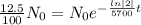 \frac{12.5}{100} N_0=N_0e^{-\frac{ln|2|}{5700}t