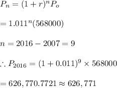 P_n=(1+r)^nP_o\\\\=1.011^n(568000)\\\\n=2016-2007=9\\\\\therefore P_{2016}=(1+0.011)^9\times 568000\\\\=626,770.7721\approx626,771