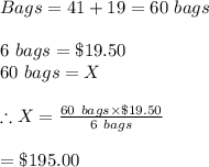Bags=41+19=60\ bags\\\\6\ bags=\$19.50\\60\ bags=X\\\\\therefore X=\frac{60\ bags\times \$19.50}{6\ bags}\\\\=\$195.00