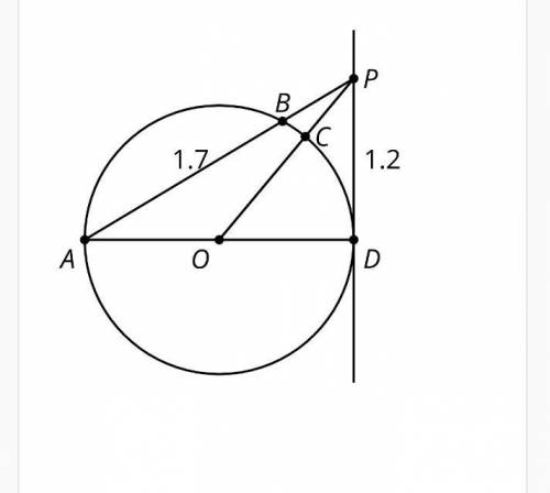 Line PD is tangent to a circle of radius 1 inch centered at O. The length of PD is 1.2 inches. The l