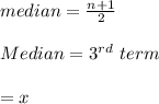 median=\frac{n+1}{2}\\\\Median=3^{rd} \ term\\\\=x