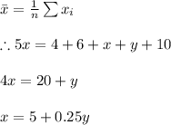 \bar x=\frac{1}{n}\sum{x_i}\\\\\therefore 5x=4+6+x+y+10\\\\4x=20+y\\\\x=5+0.25y