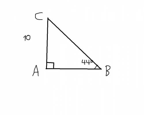 In right triangle ABC, ∠A is a right angle, m∠B= 44∘ and AC=10. What is the measurement of BC