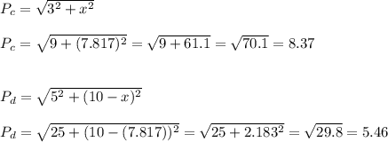 P_c=\sqrt{3^2+x^2}\\\\P_c=\sqrt{9+(7.817)^2}=\sqrt{9+61.1}=\sqrt{70.1}=8.37\\\\\\ P_d=\sqrt{5^2+(10-x)^2}\\\\P_d=\sqrt{25+(10-(7.817))^2}= \sqrt{25+2.183^2}= \sqrt{29.8}= 5.46