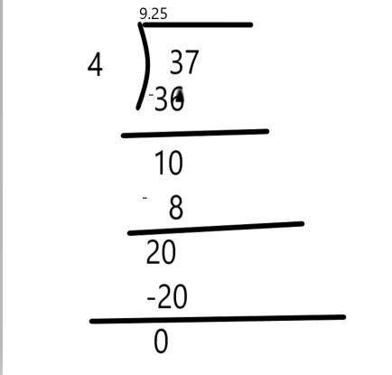 The steps to convert 37 over 4 to a decimal are shown below: Division is shown with divisor 4, quoti