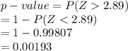 p-value=P(Z2.89)\\=1-P(Z