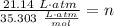 \frac{21.14 \ L \cdot atm}{35.303\ \frac{L \cdot atm}{mol} }=n