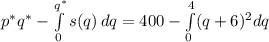 p^*q^*-\int\limits^{q^*}_0 {s(q)} \, dq=400-\int\limits^{4}_0(q+6)^2dq
