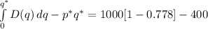 \int\limits^{q^*}_0 {D(q)} \, dq-p^*q^*=1000[1-0.778]-400