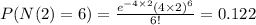 P(N(2) = 6) = \frac{e^{-4 \times 2} (4 \times 2)^6 }{6!} = 0.122