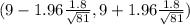 (9 - 1.96\frac{1.8}{\sqrt{81} } , 9+ 1.96\frac{1.8}{\sqrt{81} } )