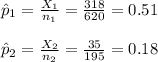 \hat p_{1}=\frac{X_{1}}{n_{1}}=\frac{318}{620}=0.51\\\\\hat p_{2}=\frac{X_{2}}{n_{2}}=\frac{35}{195}=0.18