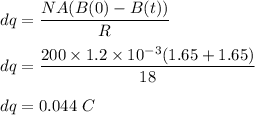 dq=\dfrac{NA(B(0)-B(t))}{R}\\\\dq=\dfrac{200\times 1.2\times 10^{-3}(1.65+1.65)}{18}\\\\dq=0.044\ C