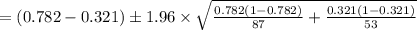 =(0.782-0.321)\pm 1.96\times \sqrt{\frac{0.782(1-0.782)}{87}+\frac{0.321(1-0.321)}{53}}}