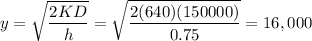 \displaystyle y=\sqrt{\frac{2KD}{h}}=\sqrt{\frac{2(640)(150000)}{0.75}}=16,000