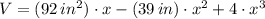 V = (92\,in^{2})\cdot x - (39\,in)\cdot x^{2} + 4\cdot x^{3}