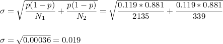 \sigma=\sqrt{\dfrac{p(1-p)}{N_1}+\dfrac{p(1-p)}{N_2}}=\sqrt{\dfrac{0.119*0.881}{2135}+\dfrac{0.119*0.881}{339}}\\\\\\\sigma=\sqrt{ 0.00036 }= 0.019