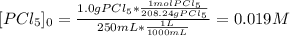 [PCl_5]_0=\frac{1.0gPCl_5*\frac{1molPCl_5}{208.24gPCl_5} }{250mL*\frac{1L}{1000mL} } =0.019M